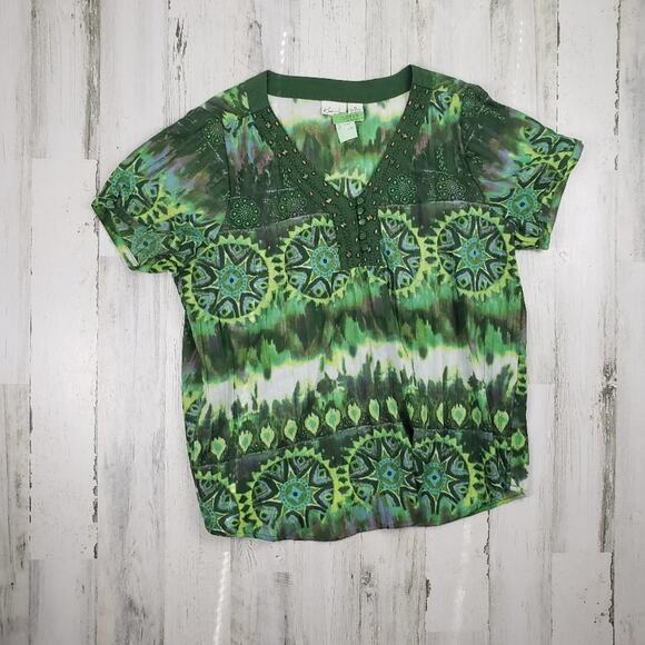 Kim Rogers Green Printed Boho Short Sleeve Beaded Top Women’s Size 2X - Picture 1 of 13